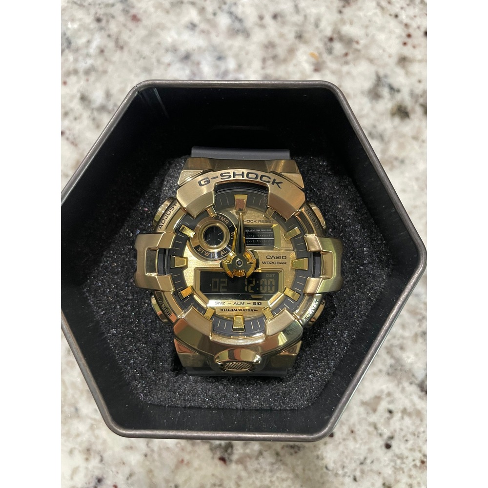 Casio G-Shock GM700G-9A Mens Gold Metal Bezel Black Resin Analog Digital Watch